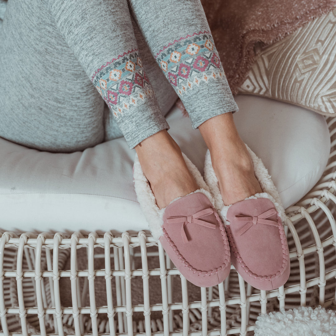 Pink moccasin slippers deals